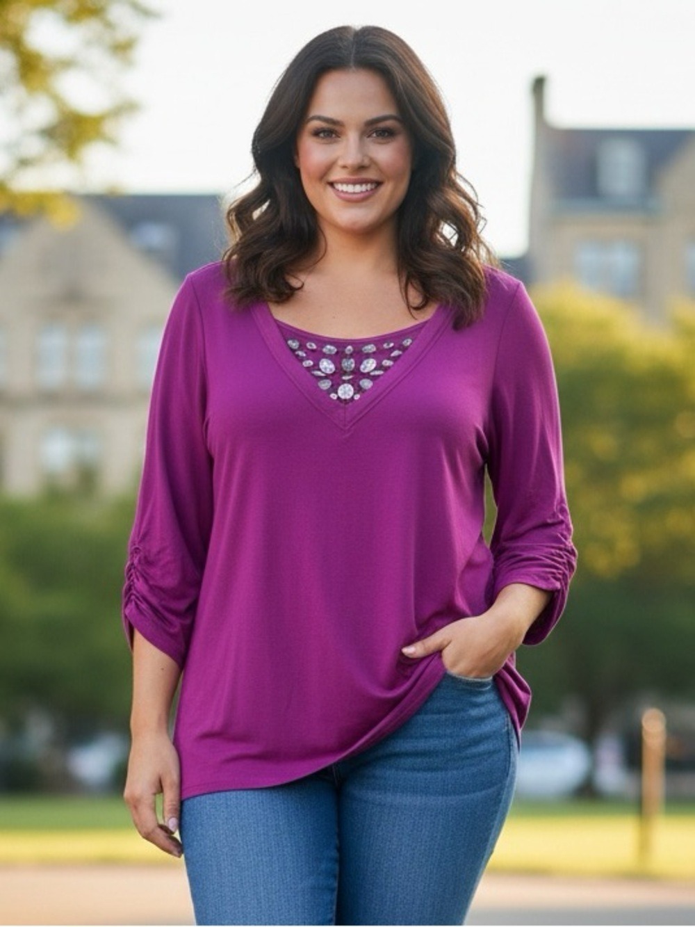 NWT Style & Co Woman True Magenta V-Neck Embellished Top Size 2X Glam Statement